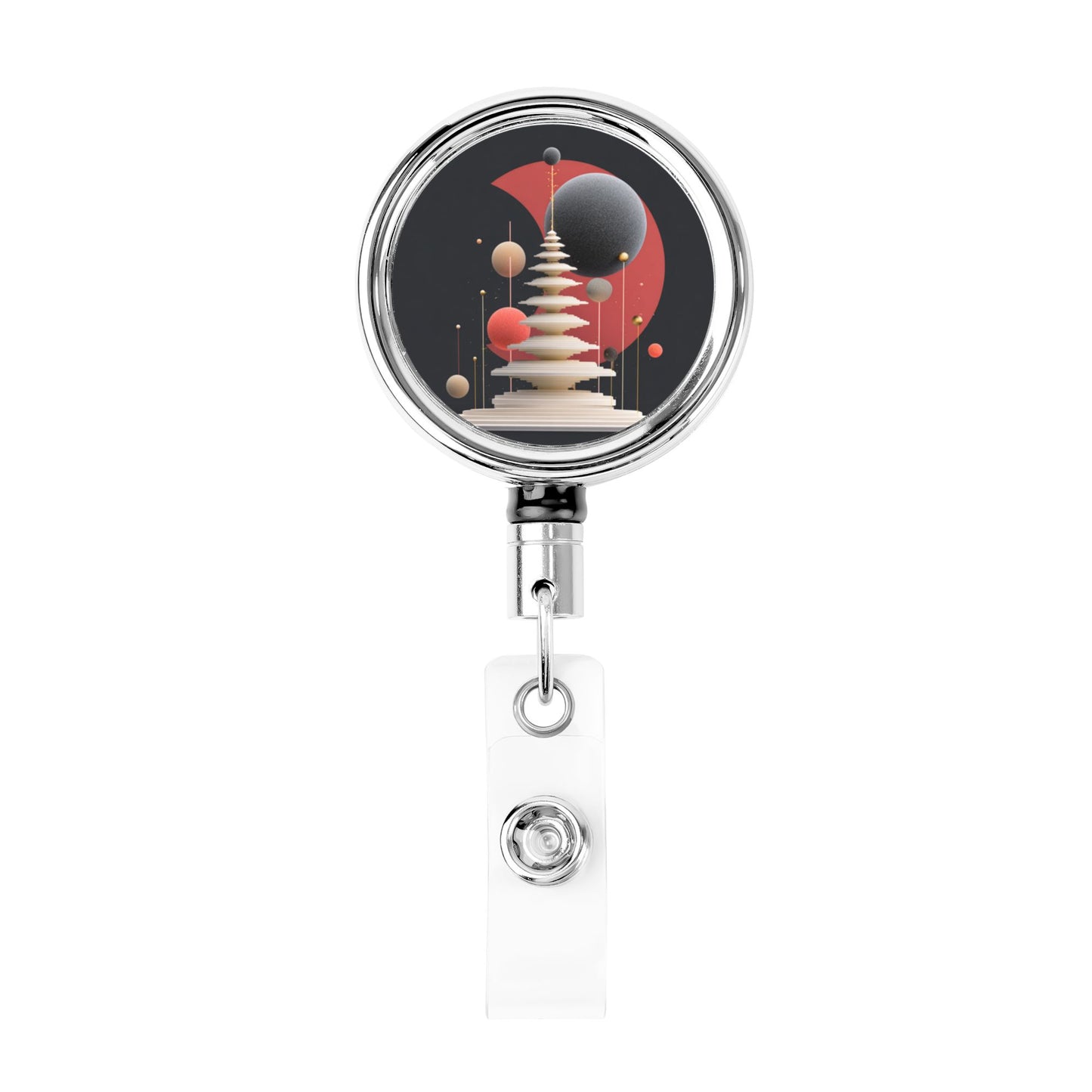 Retractable Badge Reel with Abstract Red Planet Print|Full-Surface Design|360° Swivel Hook|24.4in Steel Cord|Screw-Fixed Metal Clip|For ID Cards, Keys, Badge Holders