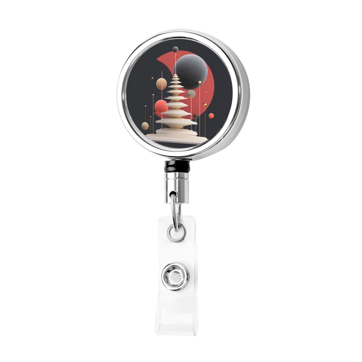 Retractable Badge Reel with Abstract Red Planet Print|Full-Surface Design|360° Swivel Hook|24.4in Steel Cord|Screw-Fixed Metal Clip|For ID Cards, Keys, Badge Holders