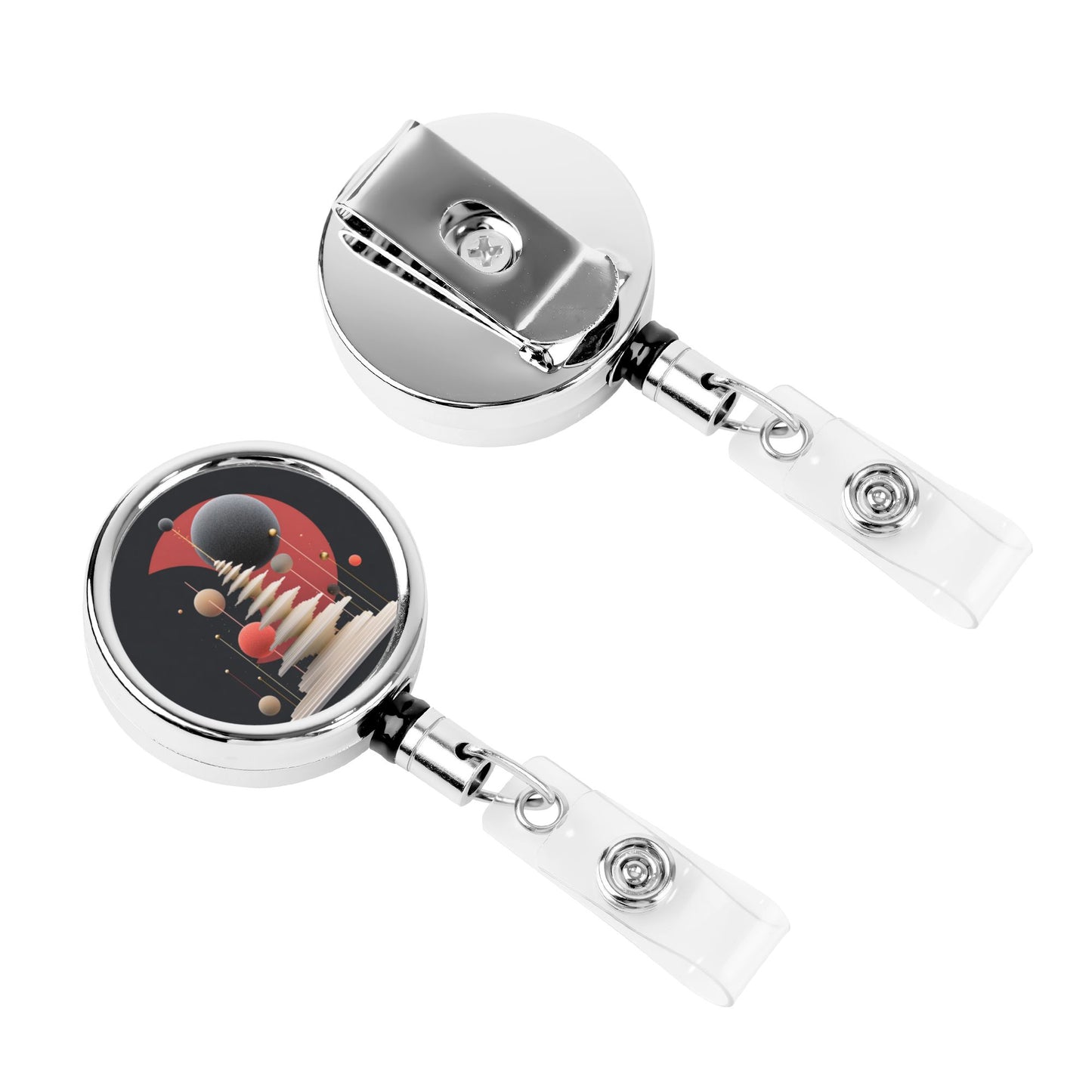 Retractable Badge Reel with Abstract Red Planet Print|Full-Surface Design|360° Swivel Hook|24.4in Steel Cord|Screw-Fixed Metal Clip|For ID Cards, Keys, Badge Holders