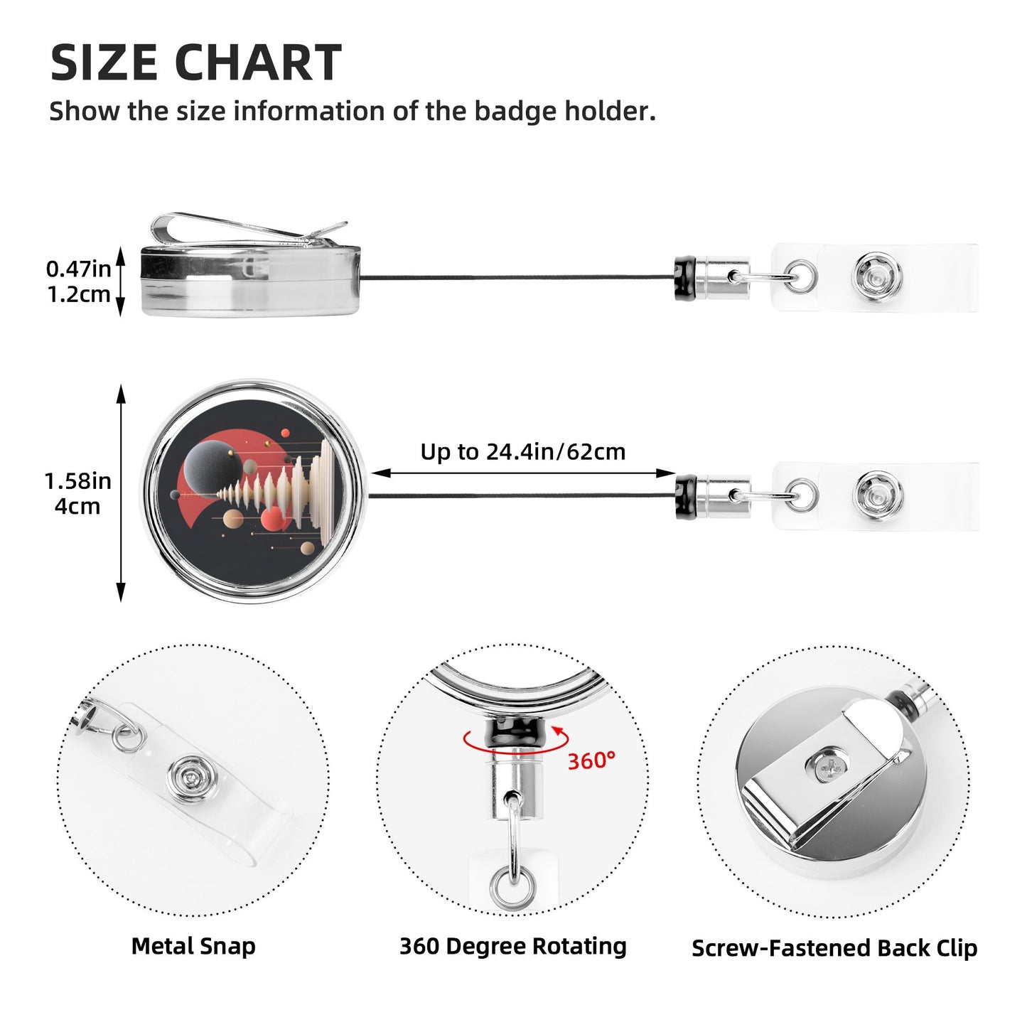 Retractable Badge Reel with Abstract Red Planet Print|Full-Surface Design|360° Swivel Hook|24.4in Steel Cord|Screw-Fixed Metal Clip|For ID Cards, Keys, Badge Holders